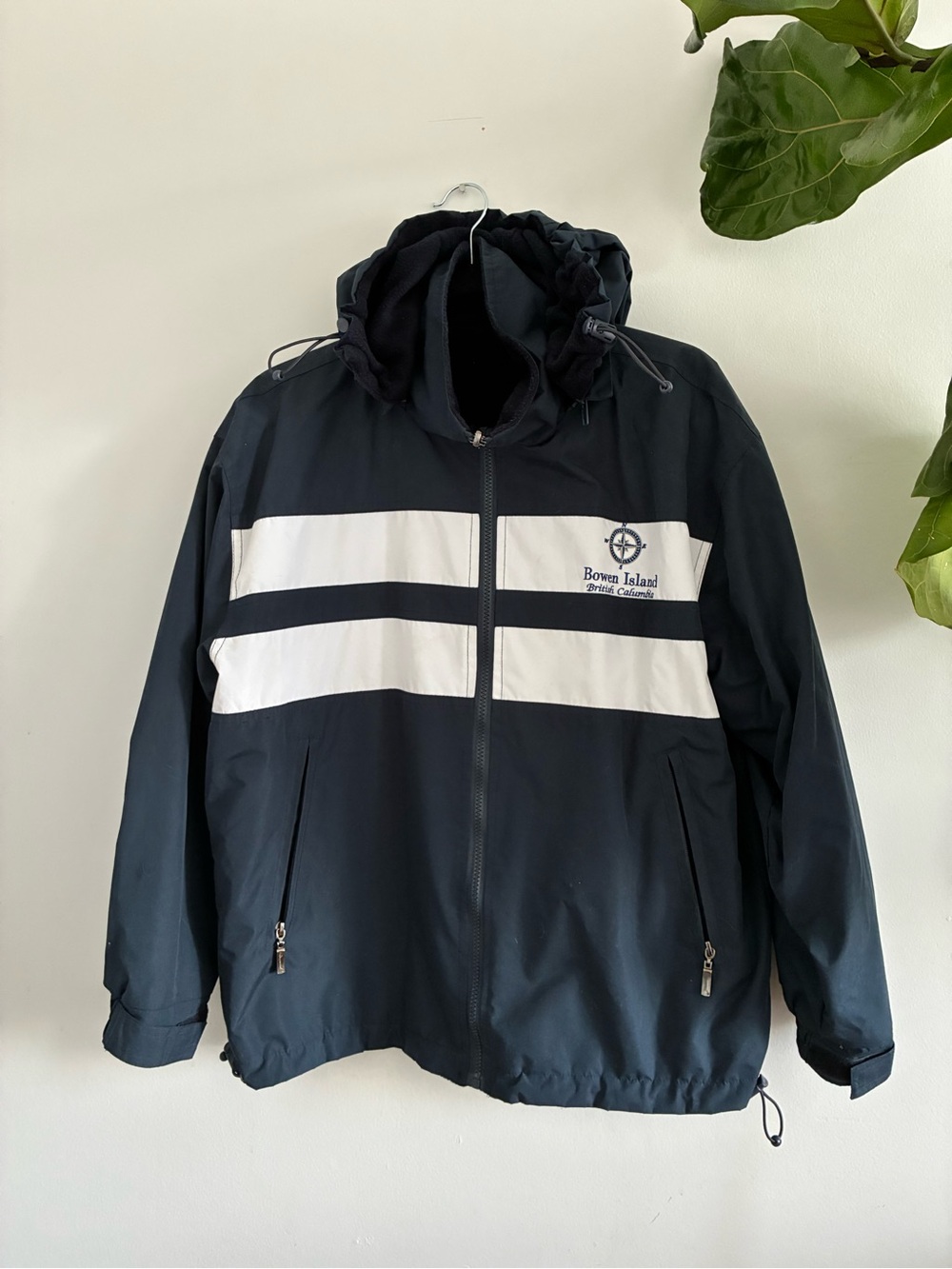Navy and White Men's Hooded Jacket